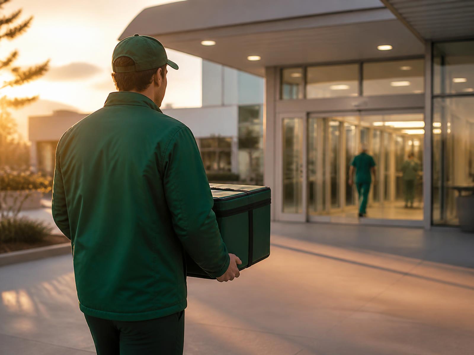 ZAJI courier delivering a cold-chain medical box to a hospital entrance